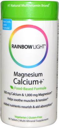 Rainbow Light, Magnesium Calcium+, Food-Based Formula, 90 Tablets ,والملاحق، والمعادن، والكالسيوم والمغنيسيوم، والصحة، والعظم، وهشاشة العظام