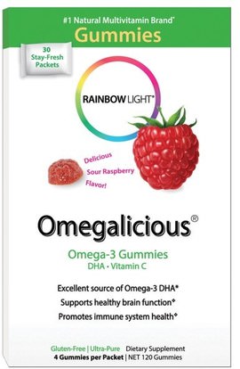 Rainbow Light, Omegalicious, Omega-3 Gummies, Sour Raspberry, 30 Packets, (4 Gummies) Each ,المكملات الغذائية، إيفا أوميجا 3 6 9 (إيبا دا)، دا، إيبا، منتجات حساسة للحرارة