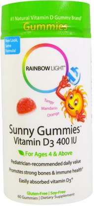 Rainbow Light, Sunny Gummies, Vitamin D3, Mandarin Orange, 400 IU, 60 Gummies ,المنتجات الحساسة للحرارة، الفيتامينات، فيتامين د غوميس