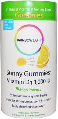 Rainbow Light, Sunny Gummies Vitamin D3, Lemon Flavor, 1,000 IU, 100 Gummies ,المنتجات الحساسة للحرارة، الفيتامينات، فيتامين د غوميس