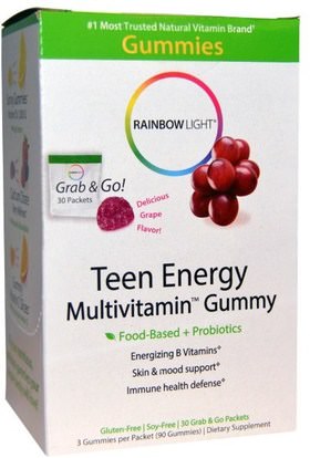 Rainbow Light, Teen Energy Multivitamin Gummy, Delicious Grape Flavor, 30 Packets ,الفيتامينات، الفيتامينات المتعددة، الأطفال الفيتامينات، منتجات حساسة للحرارة