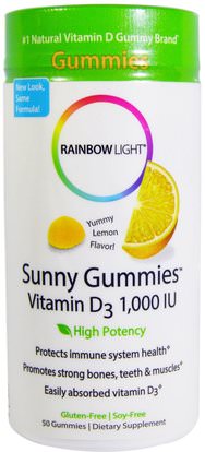 Rainbow Light, Sunny Gummies, Vitamin D3, Lemon Flavor, 1,000 IU, 50 Gummies ,المنتجات الحساسة للحرارة، الفيتامينات، فيتامين د غوميس