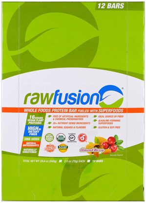 Raw Fusion, Whole Food Protein Bar, Almond Berry, 12 Bars, 2.5 oz (70 g) Each ,الطعام، الوجبات الخفيفة، الرياضة