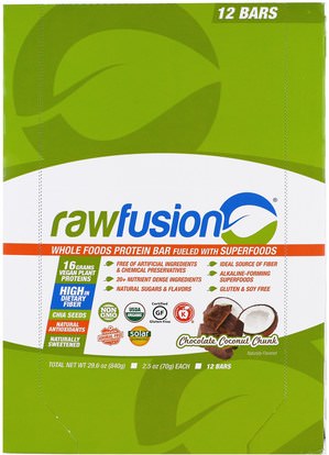 Raw Fusion, Whole Foods Protein Bar, Chocolate Coconut Chunk, 12 Bars, 2.5 oz (70 g) Each ,الطعام، الوجبات الخفيفة، الرياضة
