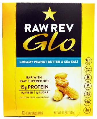Raw Revolution, Glo, Creamy Peanut Butter & Sea Salt, 12 Bars, 1.6 oz (46 g) Each ,المكملات الغذائية، الحانات الغذائية