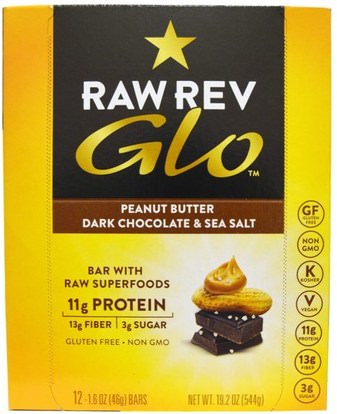 Raw Revolution, Glo, Peanut Butter Dark Chocolate & Sea Salt, 12 Bars, 1.6 oz (46 g) Each ,المكملات الغذائية، الحانات الغذائية