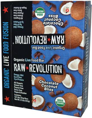 Raw Revolution, Organic Live Food Bar, Chocolate Coconut Bliss, 12 Bars, 1.8 oz (51 g) Each ,الطعام، الوجبات الخفيفة، الوجبات الصحية الصحية، المكملات الغذائية، الحانات الغذائية