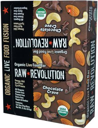 Raw Revolution, Organic Live Food Bar, Chocolate Crave, 12 Bars, 1.8 oz (51 g) Each ,الطعام، الوجبات الخفيفة، الوجبات الصحية الصحية، المكملات الغذائية، الحانات الغذائية