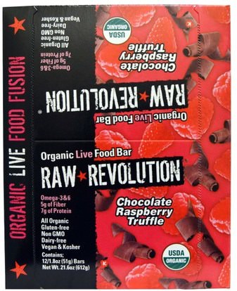 Raw Revolution, Organic Live Food Bar, Chocolate Raspberry Truffle, 12 Bars, 1.8 oz (51 g) Each ,الطعام، الوجبات الخفيفة، الوجبات الصحية الصحية، المكملات الغذائية، الحانات الغذائية
