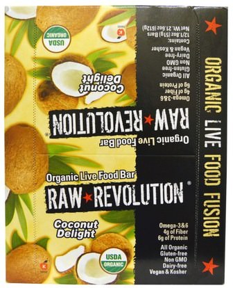 Raw Revolution, Organic Live Food Bar, Coconut Delight, 12 Bars, 1.8 oz (51 g) Each ,الطعام، الوجبات الخفيفة، الوجبات الصحية الصحية، المكملات الغذائية، الحانات الغذائية