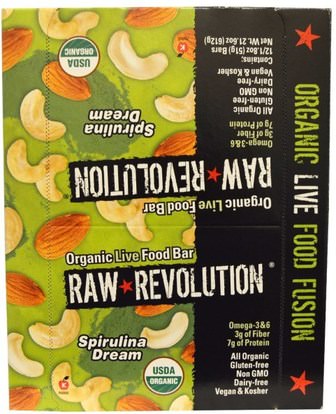 Raw Revolution, Organic Live Food Bar, Spirulina Dream, 12 Bars, 1.8 oz (51 g) Each ,الطعام، الوجبات الخفيفة، الوجبات الصحية الصحية، المكملات الغذائية، الحانات الغذائية