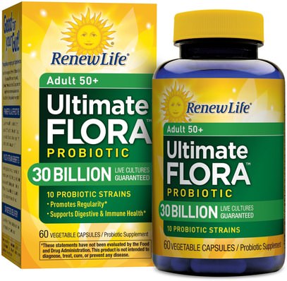 Renew Life, Adult 50+, Ultimate Flora Probiotic, 30 Billion Live Cultures, 60 Vegetable Capsules ,المكملات الغذائية، البروبيوتيك