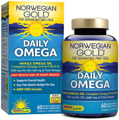Renew Life, Daily Omega, Natural Orange Flavor, 60 Enteric-Coated Softgels ,المكملات الغذائية، ايفا اوميجا 3 6 9 (إيبا دا)
