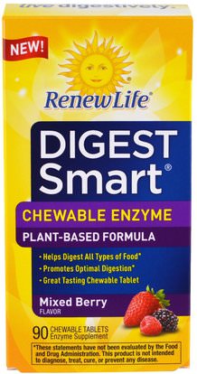 Renew Life, Digest Smart, Chewable Enzyme, Mixed Berry, 90 Chewable Tablets ,والمكملات الغذائية، والإنزيمات الهاضمة