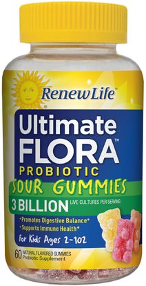 Renew Life, Ultimate Flora Probiotic Sour Gummies, 3 Billion Live Cultures, 60 Gummies ,المكملات الغذائية، البروبيوتيك، الأطفال البروبيوتيك