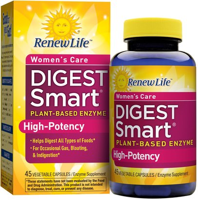 Renew Life, Womens Care, Digest Smart, 45 Vegetable Capsules ,والصحة، والمرأة، والمكملات الغذائية، والإنزيمات الهاضمة