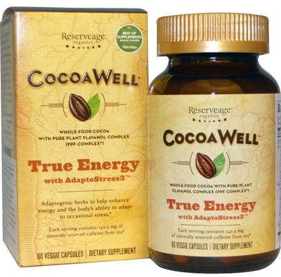 ReserveAge Nutrition, CocoaWell, True Energy, with AdaptoStress3, 60 Veggie Caps ,والصحة، والطاقة، والمزاج