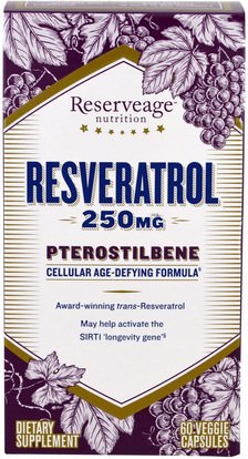 ReserveAge Nutrition, Resveratrol, Pterostilbene, 250 mg, 60 Veggie Capsules ,المكملات الغذائية، بتيروستيلبين، مكافحة الشيخوخة