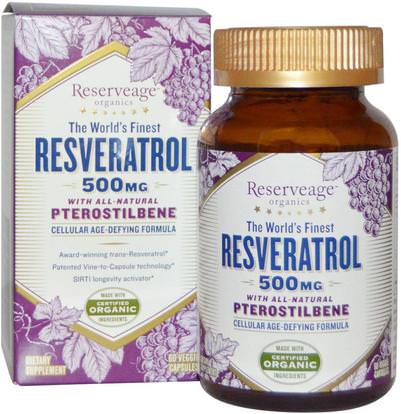 ReserveAge Nutrition, Resveratrol With All-Natural Pterostilbene, 500 mg, 60 Veggie Caps ,المكملات الغذائية، بتيروستيلبين، ريسفيراترول