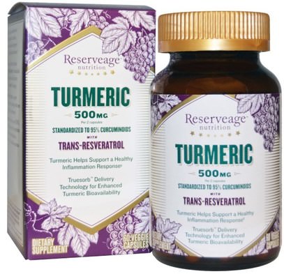 ReserveAge Nutrition, Turmeric, with Trans-Resveratrol, 500 mg, 60 Veggie Caps ,المكملات الغذائية، مضادات الأكسدة، الكركمين، الكركم