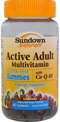 Sundown Naturals, Active Adult Multivitamin, with Co Q-10, Cherry and Grape Flavored, 60 Gummies ,منتجات حساسة للحرارة، الفيتامينات، غوميس الفيتامينات