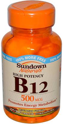 Sundown Naturals, B-12, High Potency, 500 mcg, 200 Tablets ,الفيتامينات، وفيتامين ب، وفيتامين ب 12، وفيتامين ب 12 - سيانوكوبالامين