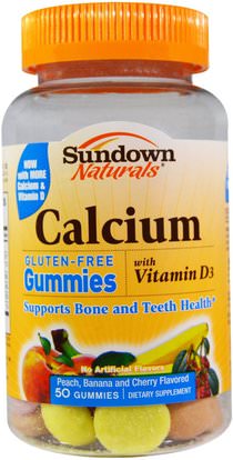 Sundown Naturals, Calcium, with Vitamin D3, Peach, Banana and Cherry Flavored, 50 Gummies ,والمنتجات الحساسة للحرارة، والمكملات الغذائية، والكالسيوم، والكالسيوم مضغ