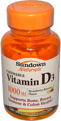 Sundown Naturals, Chewable Vitamin D3, Strawberry-Banana Flavor, 1000 IU, 120 Tablets ,الفيتامينات، فيتامين d3