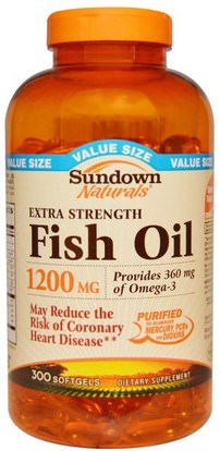 Sundown Naturals, Extra Strength Fish Oil, 1200 mg, 300 Softgels ,المكملات الغذائية، إيفا أوميجا 3 6 9 (إيبا دا)، زيت السمك، سوفتغيلس زيت السمك