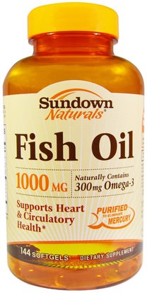 Sundown Naturals, Fish Oil, 1000 mg, 144 Softgels ,المكملات الغذائية، إيفا أوميجا 3 6 9 (إيبا دا)، زيت السمك، سوفتغيلس زيت السمك