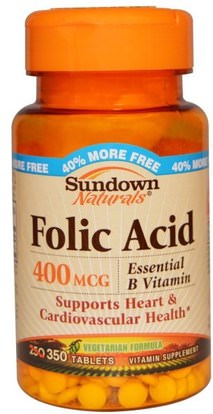 Sundown Naturals, Folic Acid, 400 mcg, 350 Tablets ,الفيتامينات، حمض الفوليك
