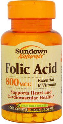 Sundown Naturals, Folic Acid, 800 mcg, 100 Tablets ,الفيتامينات، حمض الفوليك