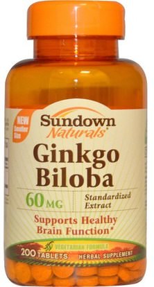 Sundown Naturals, Ginkgo Biloba, Standardized Exract, 60 mg, 200 Tablets ,الأعشاب، الجنكة، بيلوبا