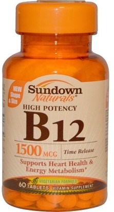 Sundown Naturals, B-12, High Potency, Time Release, 1500 mcg, 60 Tablets ,الفيتامينات، وفيتامين ب، وفيتامين ب 12، وفيتامين ب 12 - سيانوكوبالامين