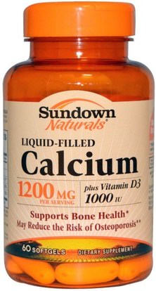 Sundown Naturals, Liquid-Filled Calcium, Plus Vitamin D3, 1200 mg/1000 IU, 60 Softgels ,والملاحق، والمعادن، والكالسيوم فيتامين د