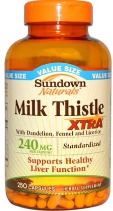 Sundown Naturals, Milk Thistle Xtra, 240 mg, 250 Capsules ,الصحة، السموم، الحليب الشوك (سيليمارين)