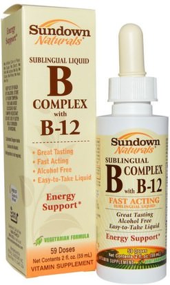 Sundown Naturals, B-Complex with B-12, Sublingual Liquid, 2 fl oz (59 ml) ,الفيتامينات، فيتامين ب، فيتامين ب السائل، فيتامين b12 - السائل
