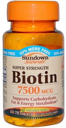 Sundown Naturals, Super Strength Biotin, 7500 mcg, 75 Tablets ,الفيتامينات، فيتامين ب، البيوتين