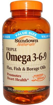 Sundown Naturals, Triple Omega 3-6-9, 200 Softgels ,المكملات الغذائية، إيفا أوميجا 3 6 9 (إيبا دا)، أوميغا 369 قبعات / علامات التبويب