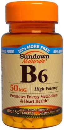 Sundown Naturals, B6, High Potency, 50 mg, 150 Tablets ,الفيتامينات، فيتامين ب، فيتامين b6 - البيريدوكسين