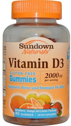 Sundown Naturals, Vitamin D3, Strawberry, Orange, and Lemon Flavored, 2000 IU, 90 Gummies ,المنتجات الحساسة للحرارة، الفيتامينات، فيتامين د غوميس