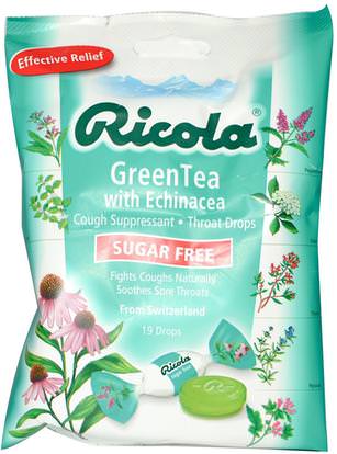 Ricola, Green Tea with Echinacea, Sugar Free, 19 Drops ,والصحة، والانفلونزا الباردة والفيروسية، ورذاذ الرعاية الحلق، قطرات السعال