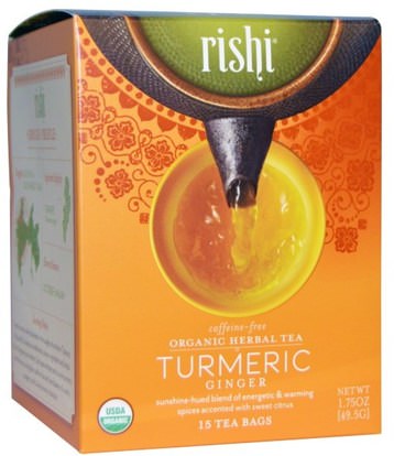Rishi Tea, Organic Herbal Tea, Turmeric Ginger, Caffeine-Free, 15 Tea Bags, 1.75 oz (49.5 g) ,الغذاء، شاي الأعشاب، الكركم الشاي، المكملات الغذائية، مضادات الأكسدة، الكركمين