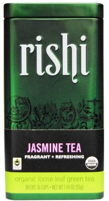 Rishi Tea, Organic Loose Leaf Green Tea, Jasmine, 1.94 oz (55 g) ,الطعام، شاي الأعشاب، الشاي الأخضر