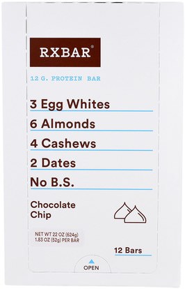 RXBAR, Protein Bars, Chocolate Chip, 12 Bars, 1.83 oz (52 g) Each ,والمكملات الغذائية، والحانات الغذائية، والوجبات الخفيفة