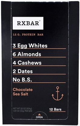 RXBAR, Protein Bars, Chocolate Sea Salt, 12 Bars, 1.83 oz (52 g) Each ,والمكملات الغذائية، والحانات الغذائية، والوجبات الخفيفة
