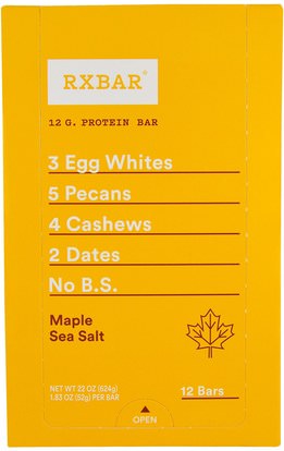 RXBAR, Protein Bars, Maple Sea Salt, 12 Bars, 1.83 oz (52 g) Each ,والمكملات الغذائية، والحانات الغذائية، والوجبات الخفيفة