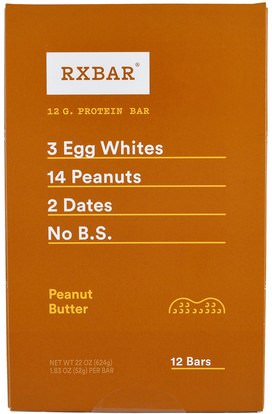 RXBAR, Protein Bars, Peanut Butter, 12 Bars, 1.83 oz (52 g) Each ,والمكملات الغذائية، والحانات الغذائية، والوجبات الخفيفة