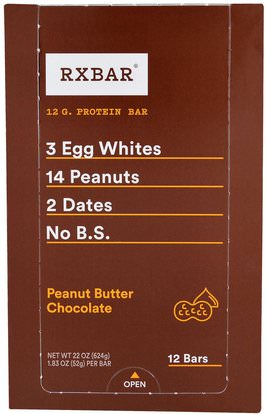 RXBAR, Protein Bars, Peanut Butter Chocolate, 12 Bars, 1.83 oz (52 g) Each ,والمكملات الغذائية، والحانات الغذائية، والوجبات الخفيفة