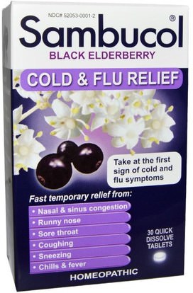 Sambucol, Black Elderberry, Cold & Flu Relief, 30 Quick Dissolve Tablets ,الصحة، الإنفلونزا الباردة والفيروسية، إلديربيري (سامبوكوس)